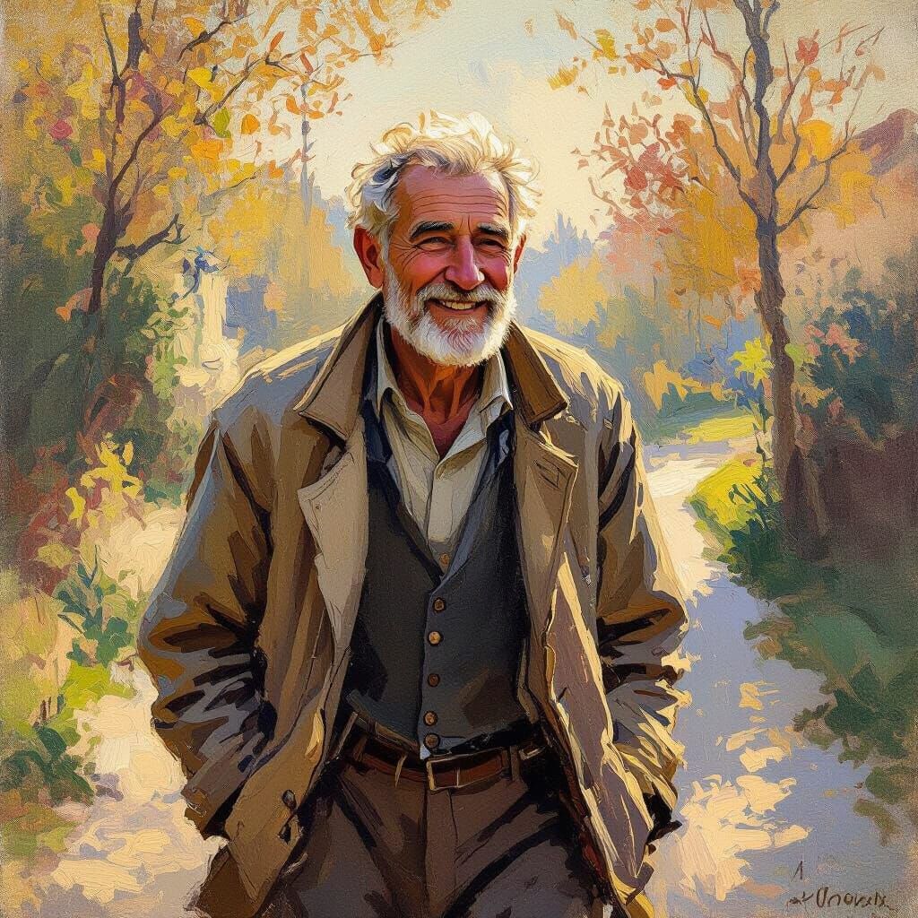 Elderly Man Walks in Impressionist Sunlight