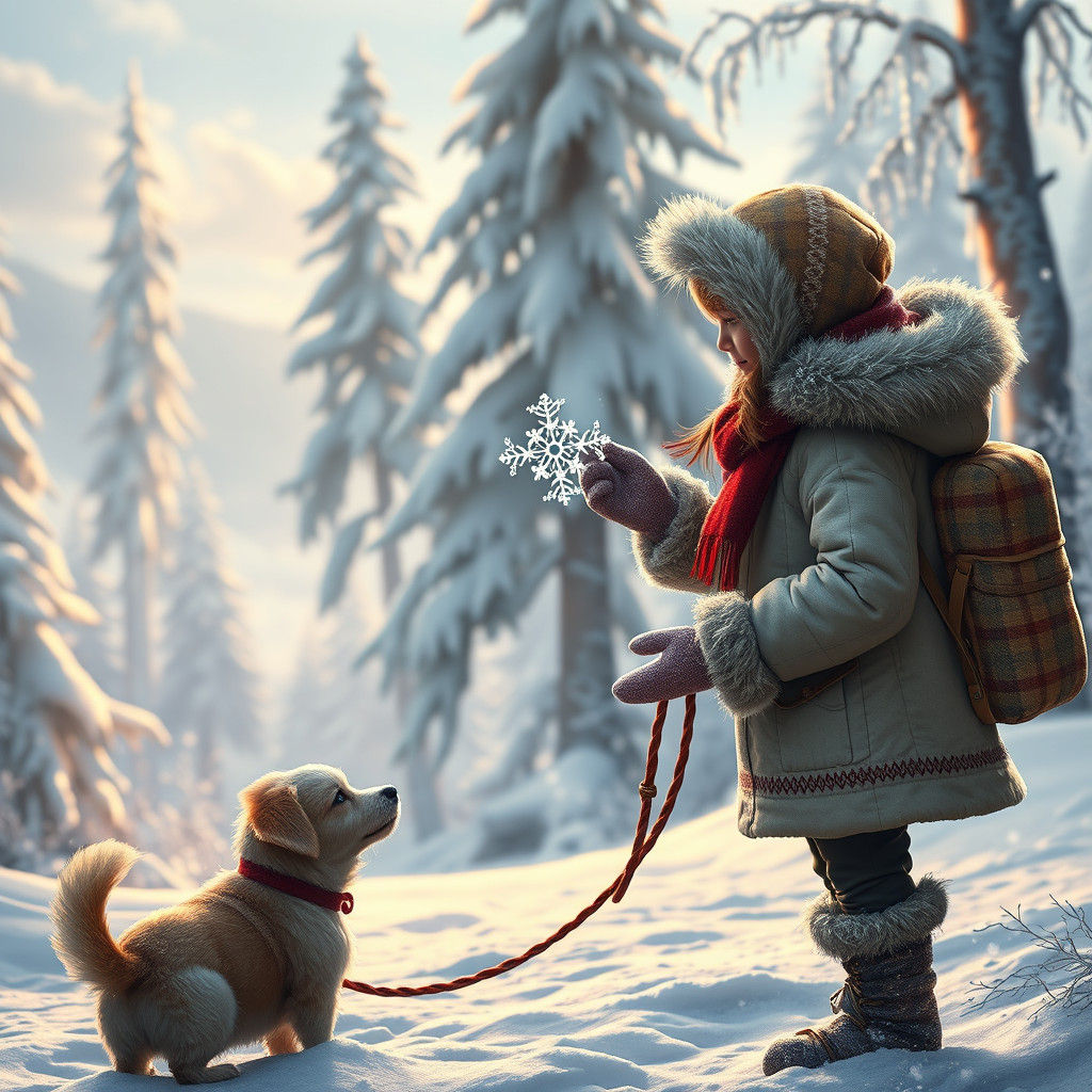 Winter Encounter: Girl, Boy, Snowflake, and Dog