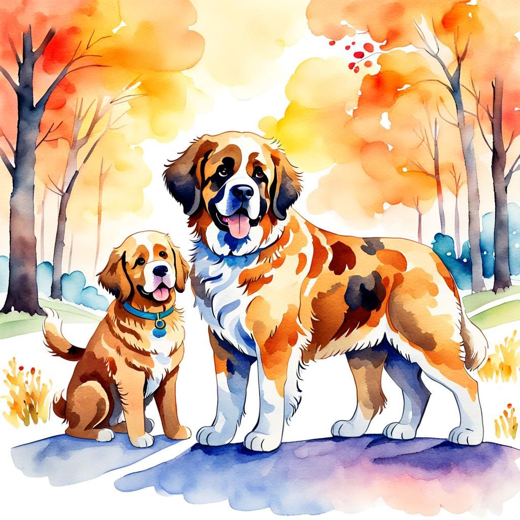 Watercolor Painting of a Saint Bernard and Golden Doodle
