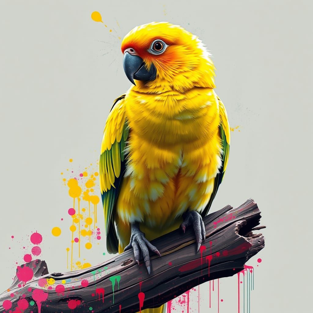 Vibrant Yellow Quaker Parrot on Branch in Street Art Style