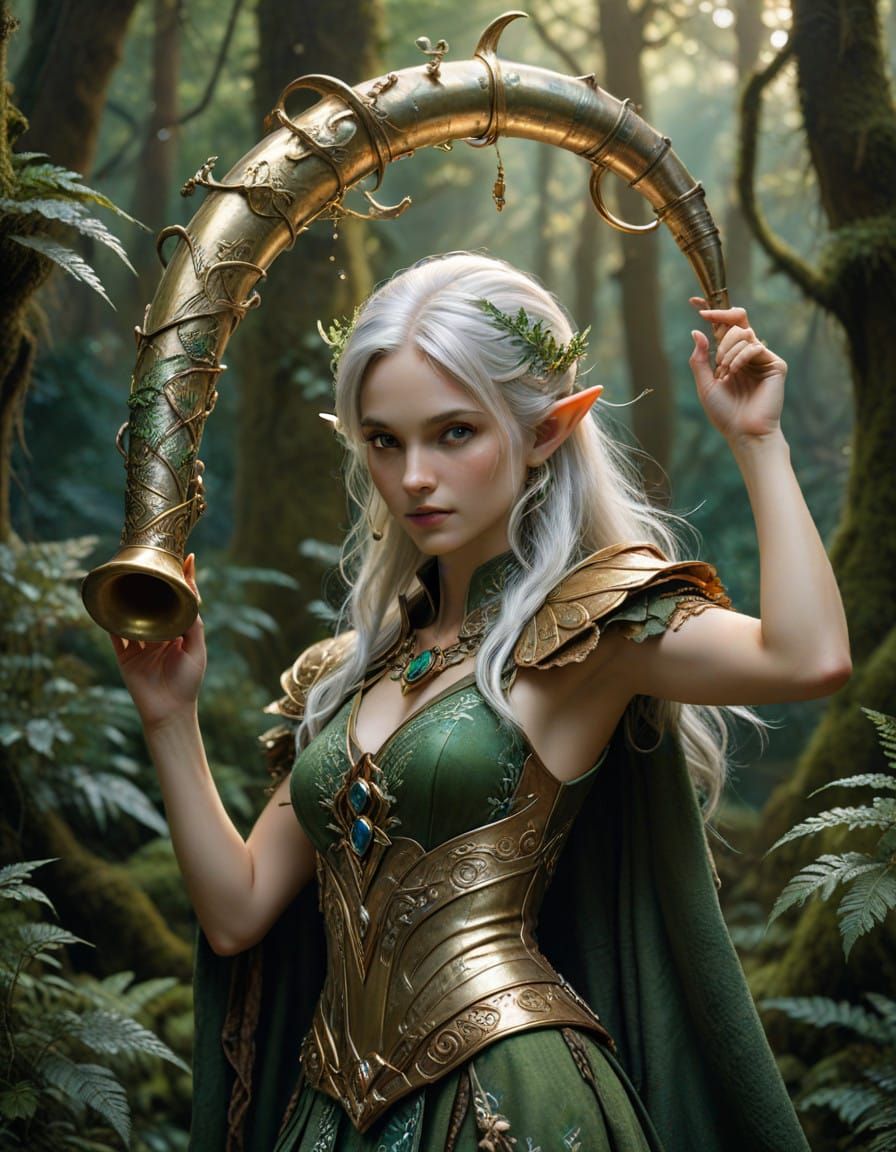 Elf Maiden Plays Majestic Brass Horn in Emerald Forest