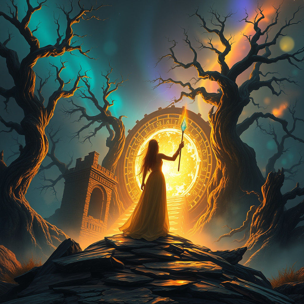 Mystical Sorceress at the Threshold of a Glowing Portal in F...