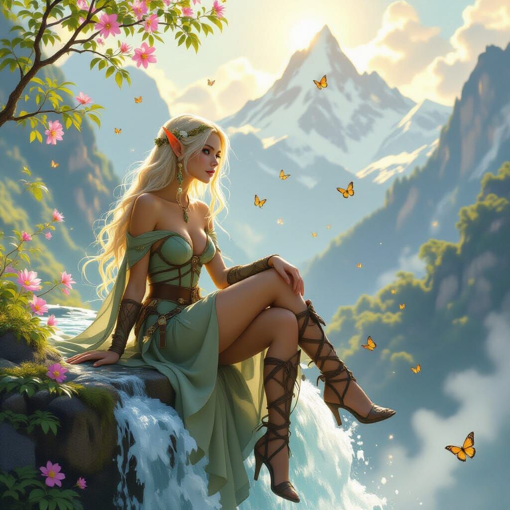 Ethereal Elf Ranger at Waterfall in Art Nouveau Style