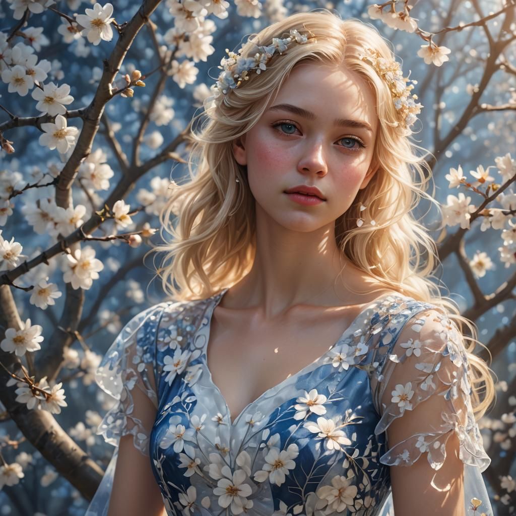 Blonde Girl in Blossoms: Realistic Fantasy Portrait