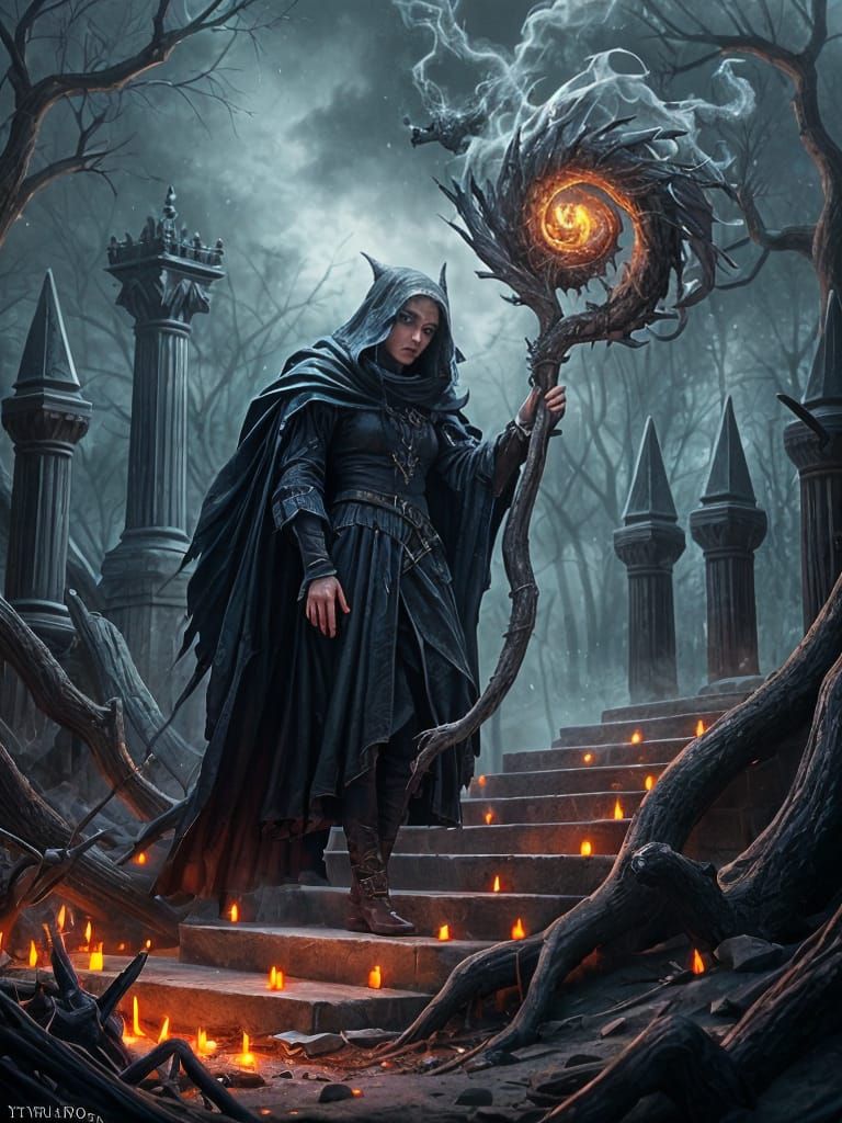 Fantasy Witch Casting Ash Magic in Epic RPG Scene