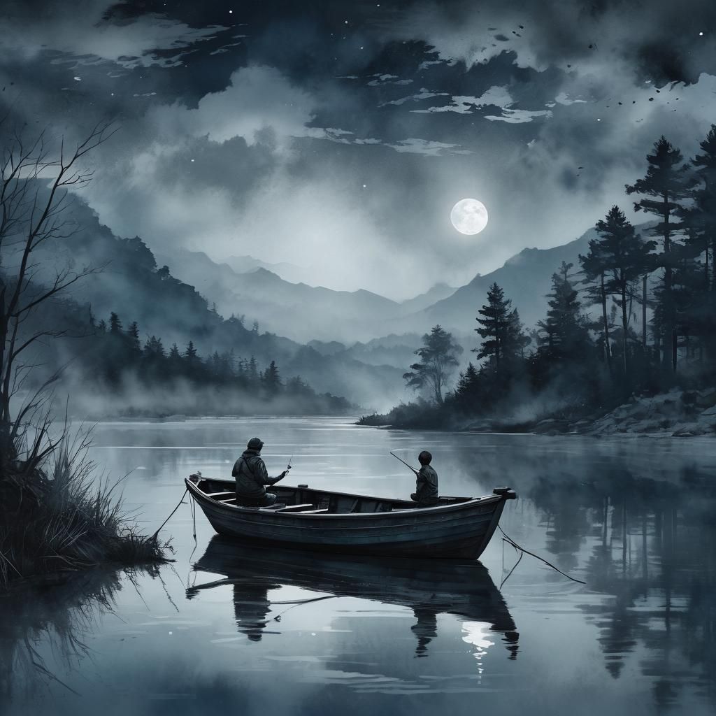 Monochrome Watercolor: Boy Fishing at Moonrise