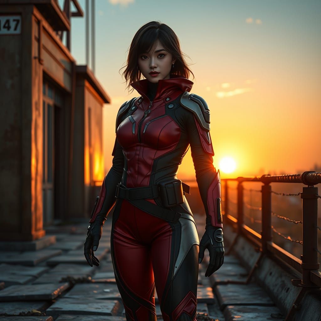 Japanese Superheroine in Elegant Ninja Suit at Sunset