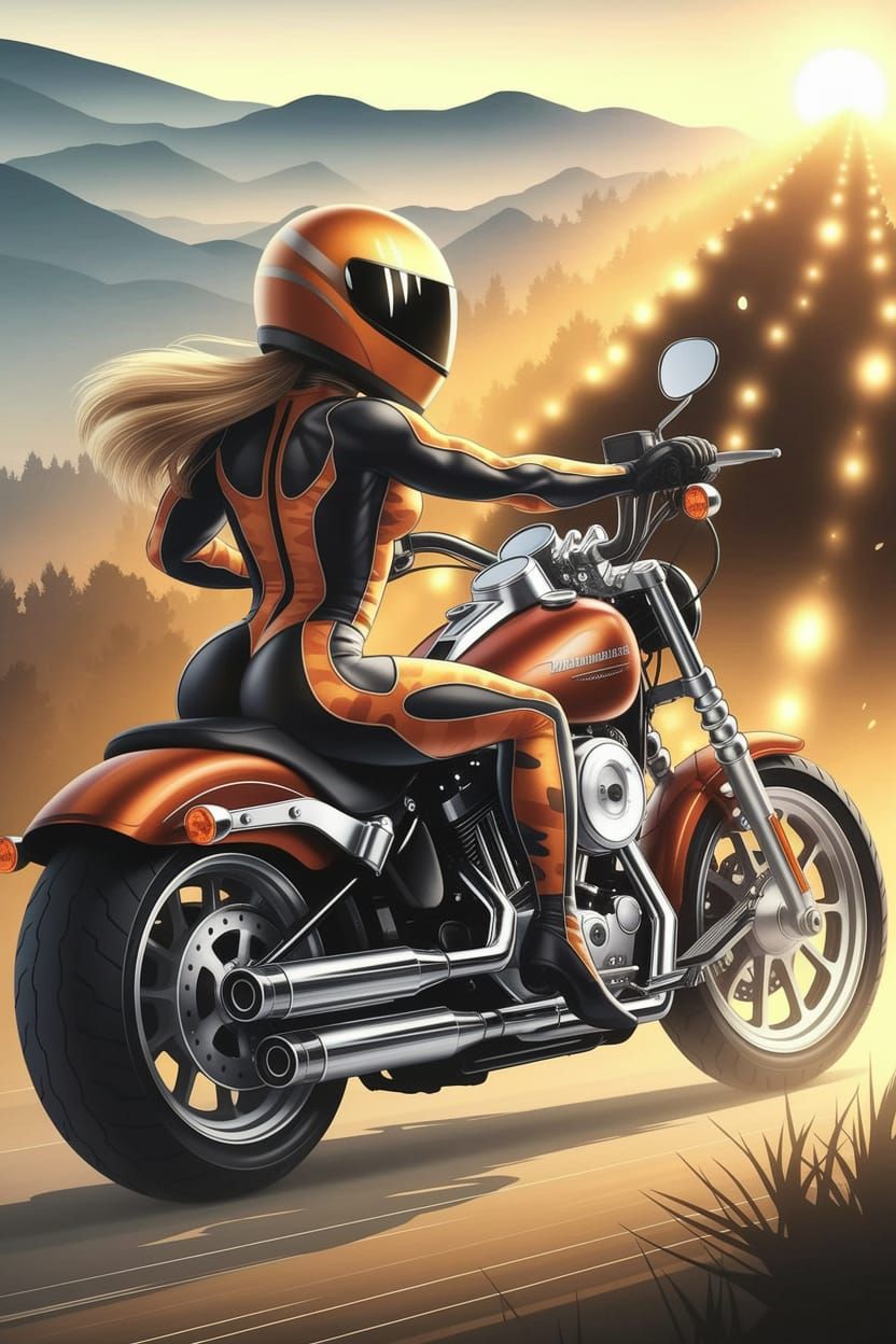 Woman Riding Harley on Ethereal Path to Sun