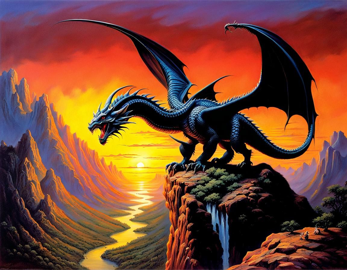 Dragon Valley Sunset in Fantasy Illustration Style