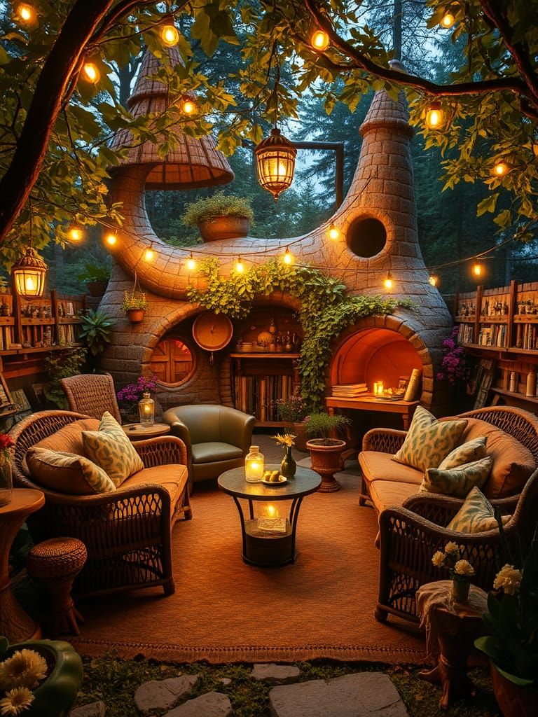 Dreamlike Outdoor Living Room with Anthropomorphic Structure