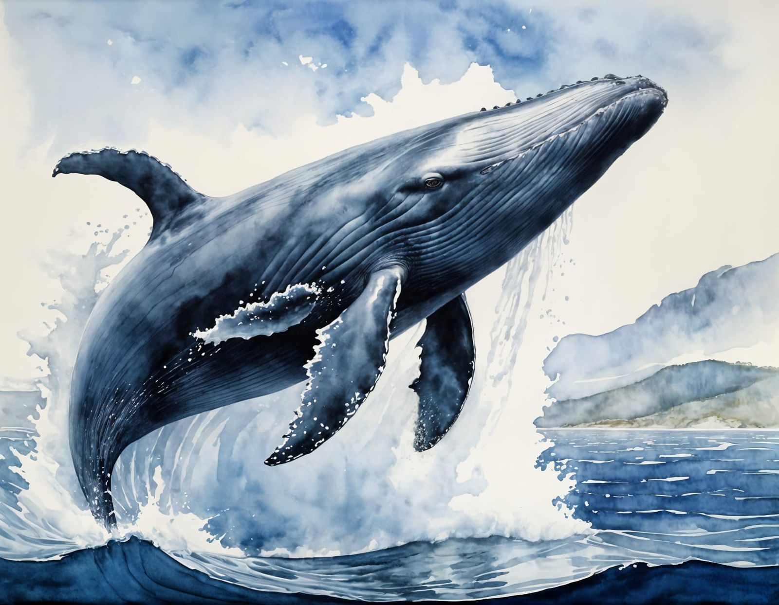 Whale Breaks Surface in Dreamy Watercolor Style