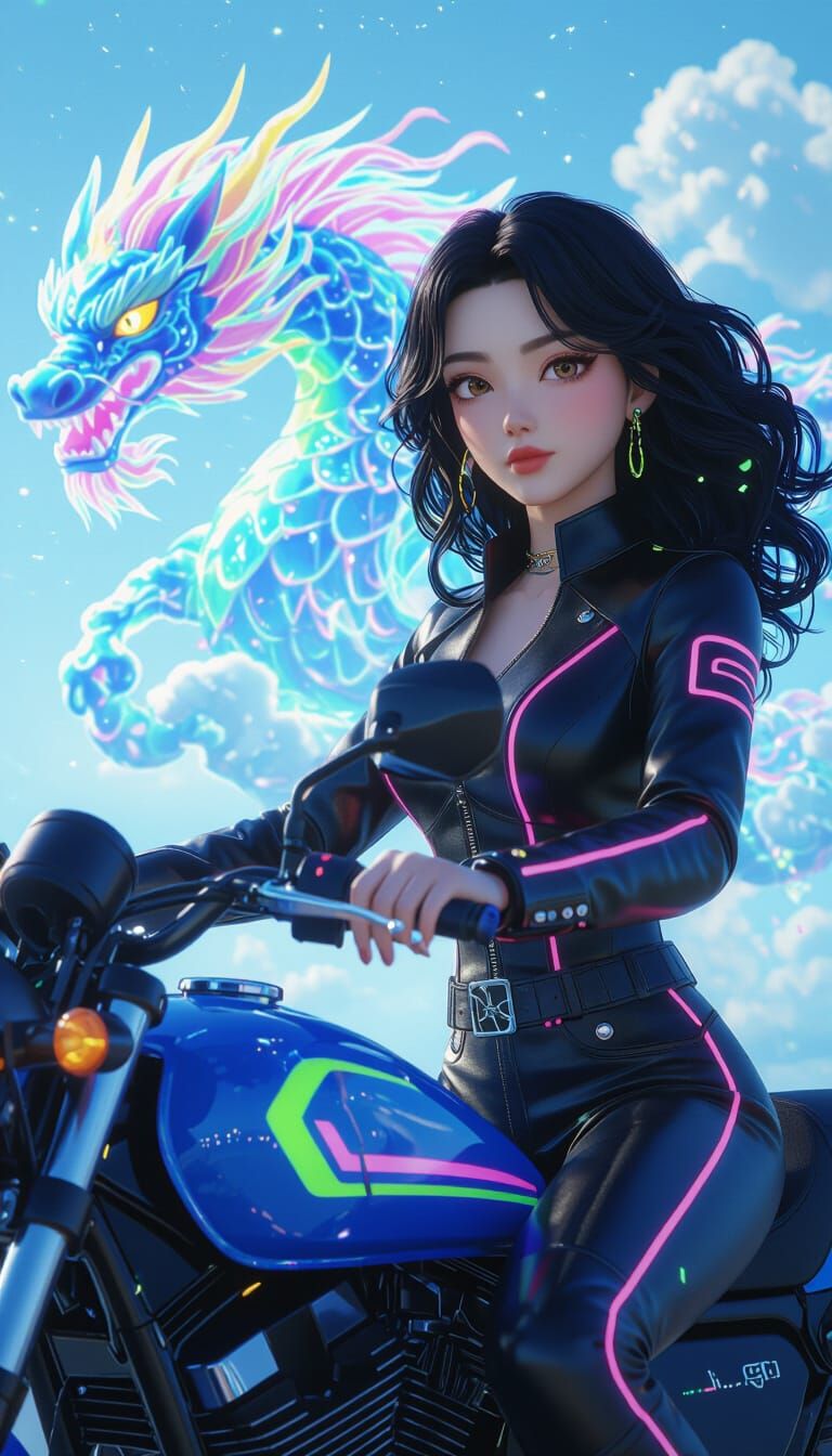 Cyberpunk Rider on Dragon in Anime Style