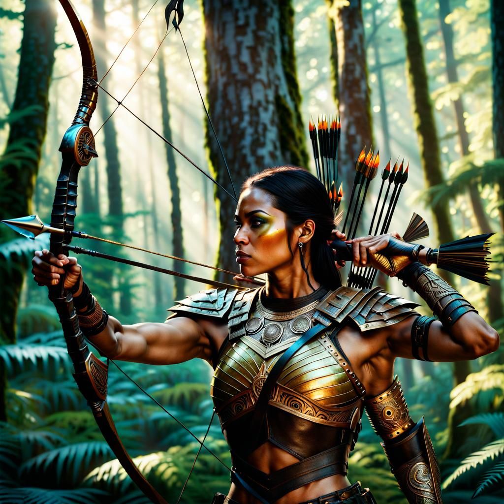 Indigenous Warrior Aiming Alien Bow in Bronzepunk Forest