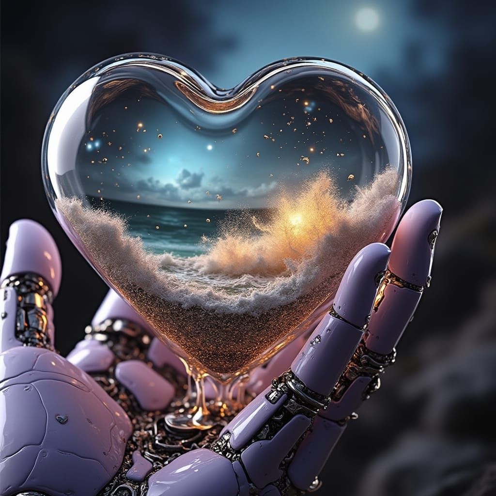 Surrealistic Futuristic Hand Holds Melting Glass Heart with ...