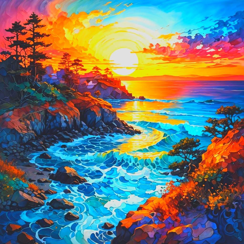 Filigree Sunset Bay in Impressionistic Fantasycore Style