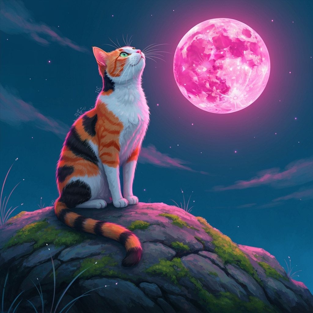 Calico Cat Gazing at Pink Moon in Pop Art Style