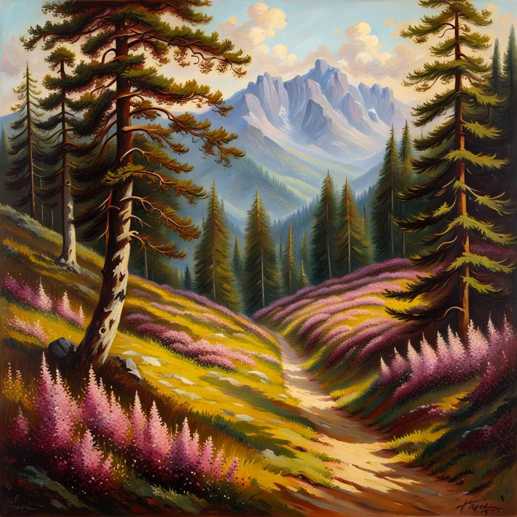 German Mountain Path Oil Painting in 19th Century Style