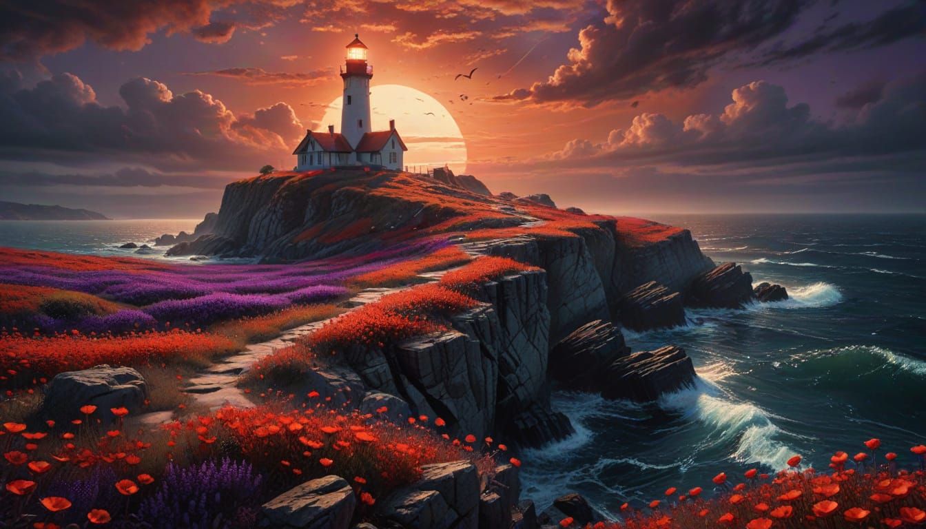 Surreal Sunset Over Red Flower Field and Lighthouse