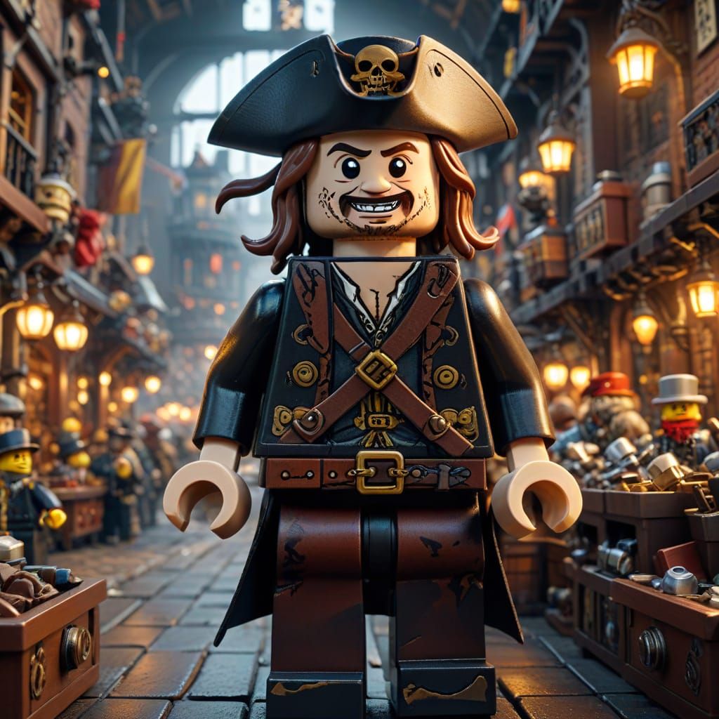 Lego Pirate in Steampunk Market: Hyperrealistic 8K Render