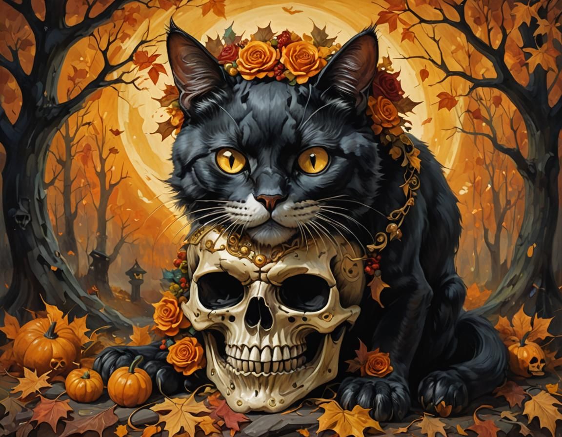 Spooky Skullcat Halloween Portrait in Koidl Style