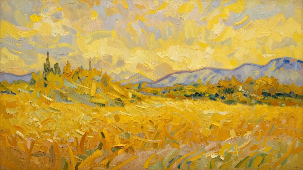 Vibrant Yellow Landscape Oil Painting in Impasto Style