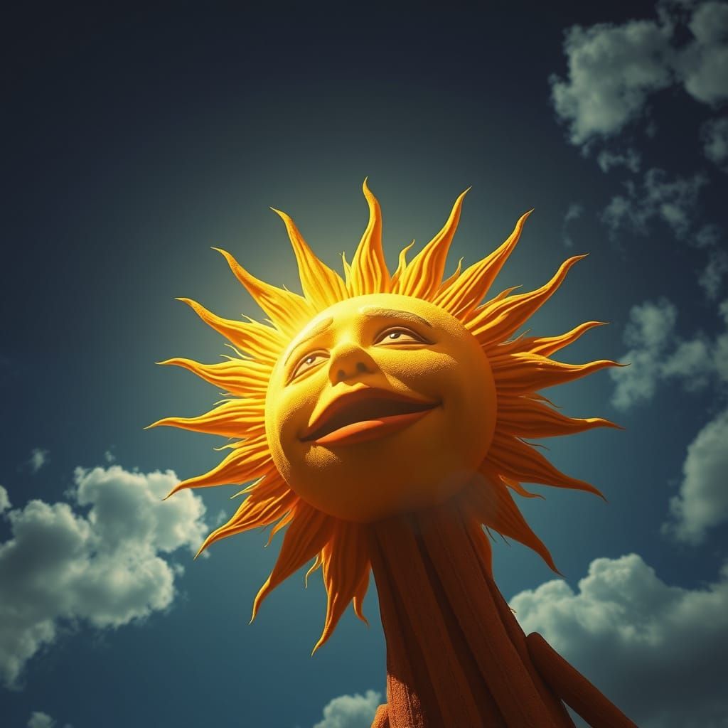 Hyper Realistic Muppet Sun with Human Face Radiates Energy i...