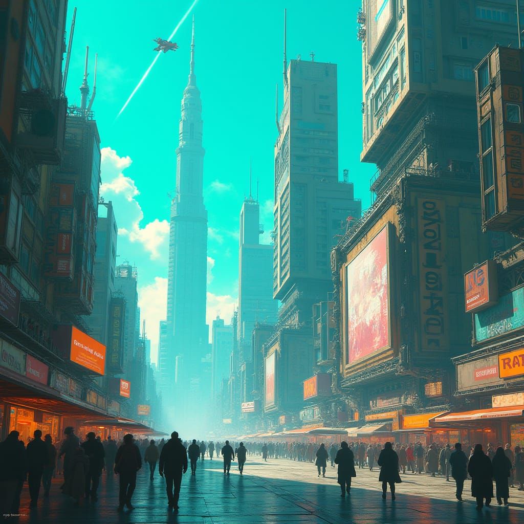 Futuristic Cityscape with Flying Vehicles in Neon Style