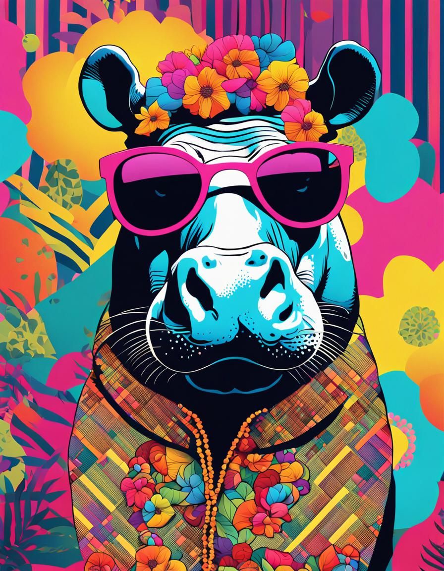 Vibrant Pop Art Hippo in Psychedelic Scene