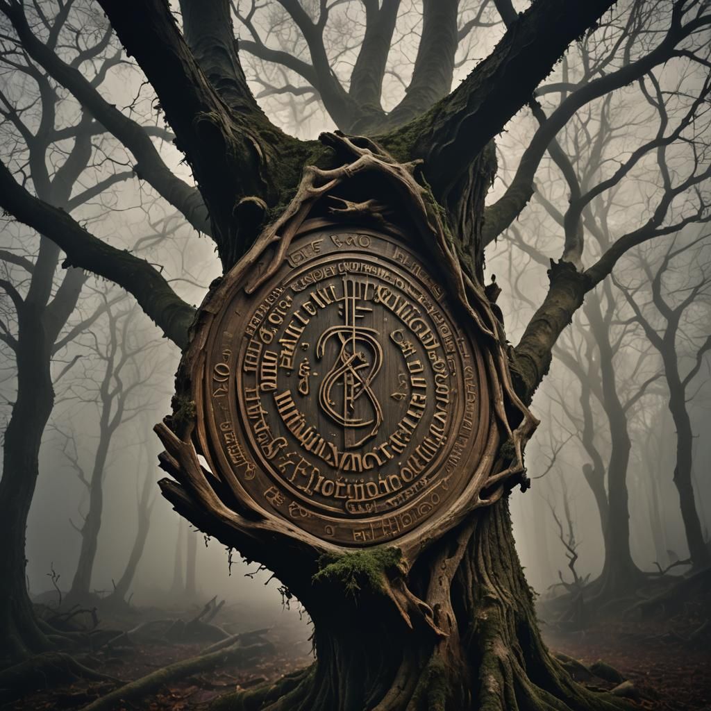 Mysterious Runed Sign in Gothic Forest, Art Nouveau