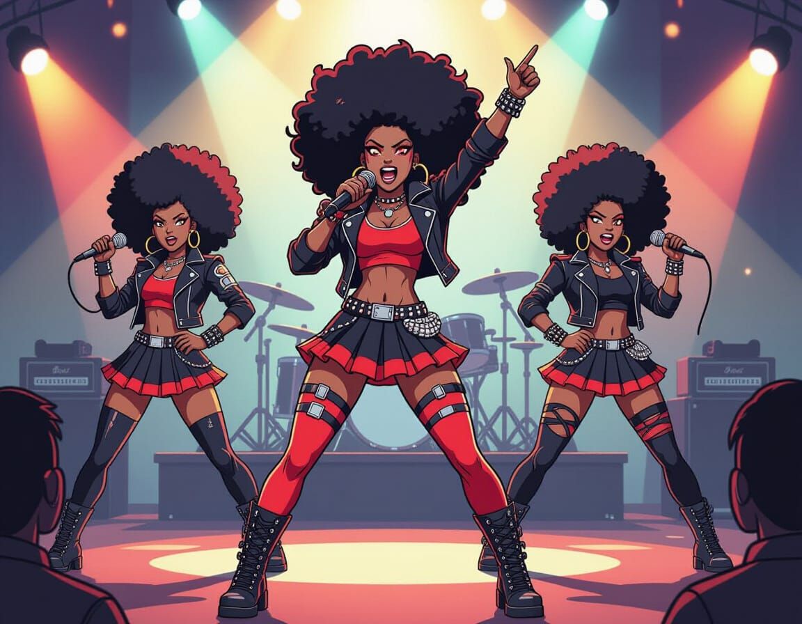 Futuristic J-Metal Band in 80s Retro Cartoon Style