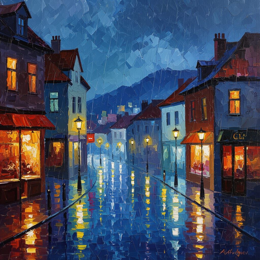 Rainy Coastal Town Impressionist Painting