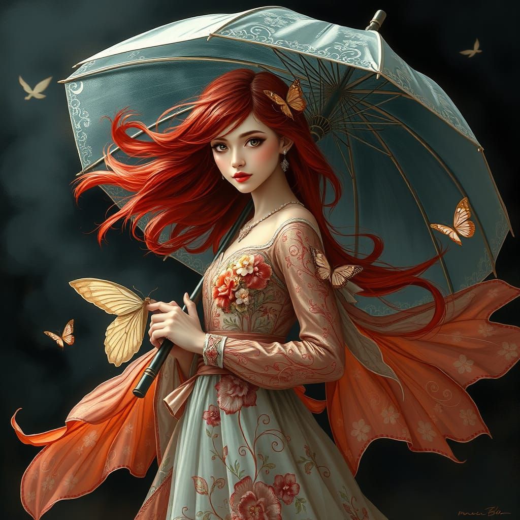 A stunning young woman with flowing red and white hair holds an elegant umbrella against a deep black background. Her in...