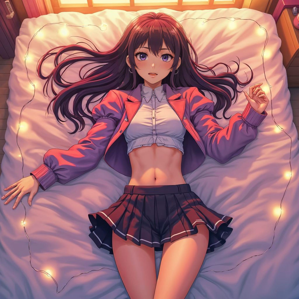 Sultry Anime Girl on a Bed in a Revealing Outfit