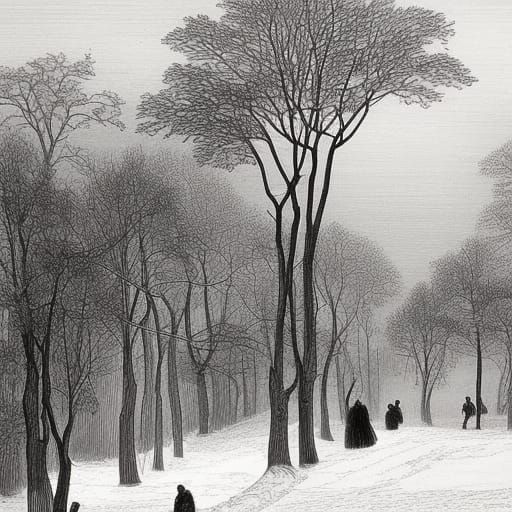 Monochromatic Winter Village Landscape in Art Deco Style