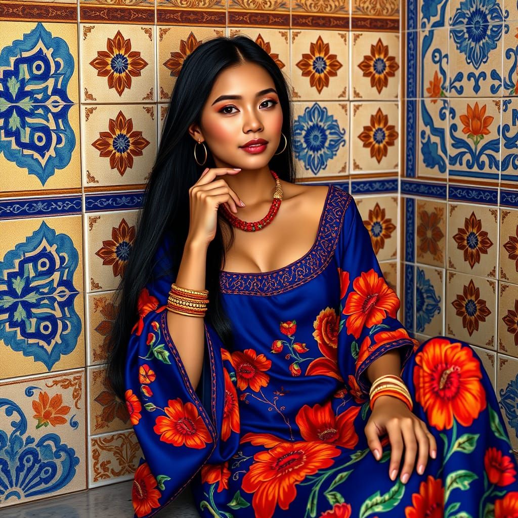 Elegant Filipina Woman in Kaftan Dress with Floral Patterns