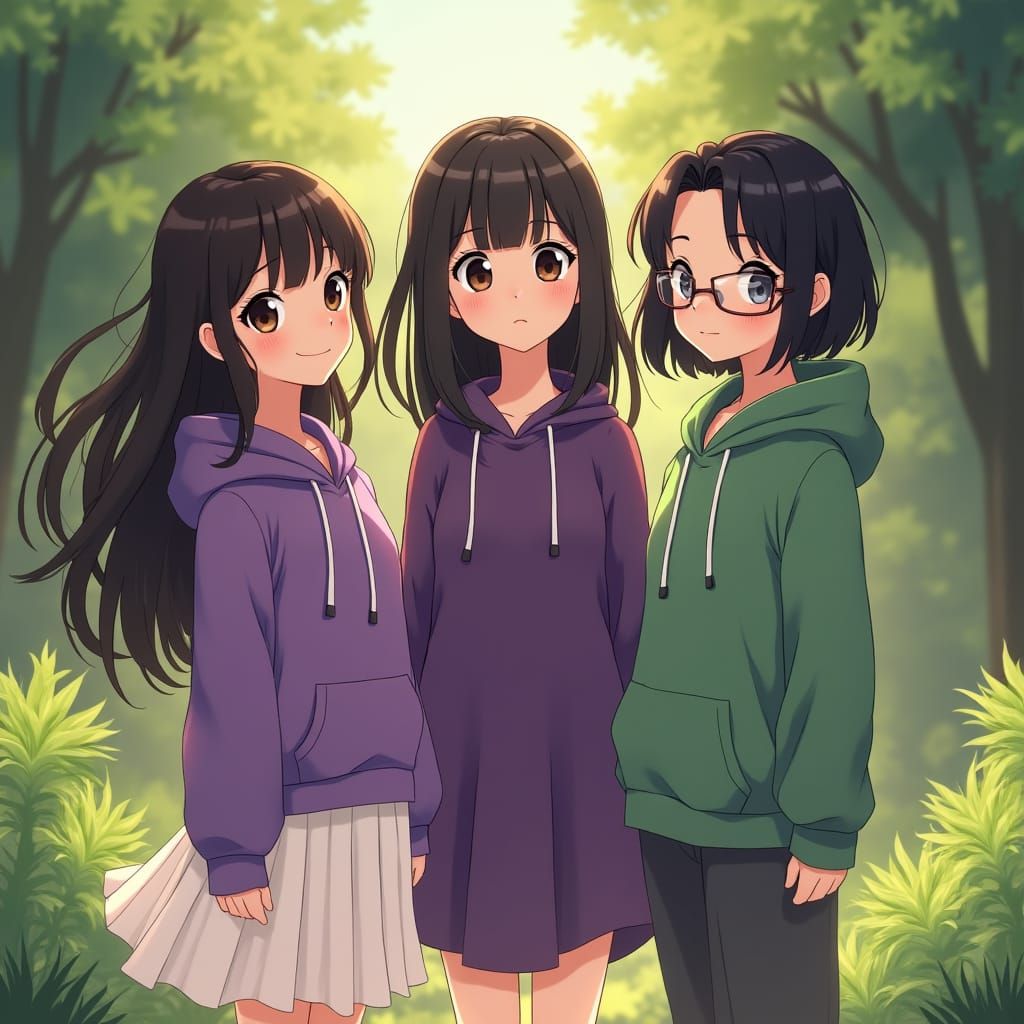 Teenage Girls in Anime Style with Lush Greenery