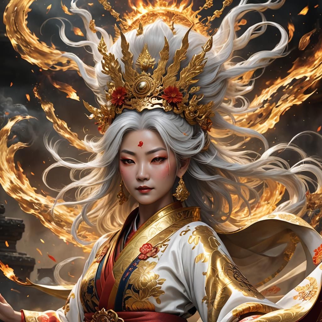 Asian Goddess of the Sun in Gold Kimono