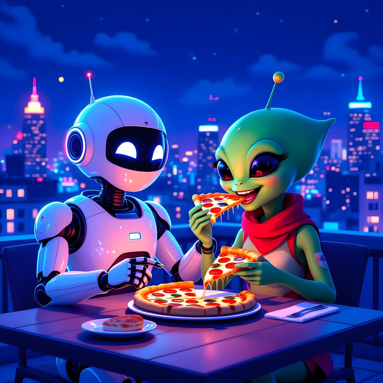 Robot and Alien Enjoying Pizza on City Rooftop