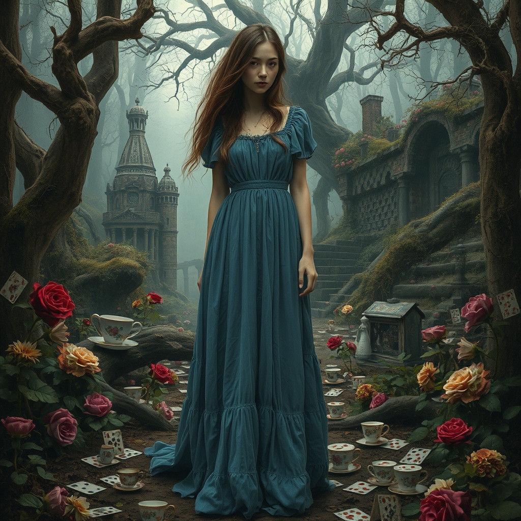 Grimdark Alice in Wonderland in Pre-Raphaelite Style