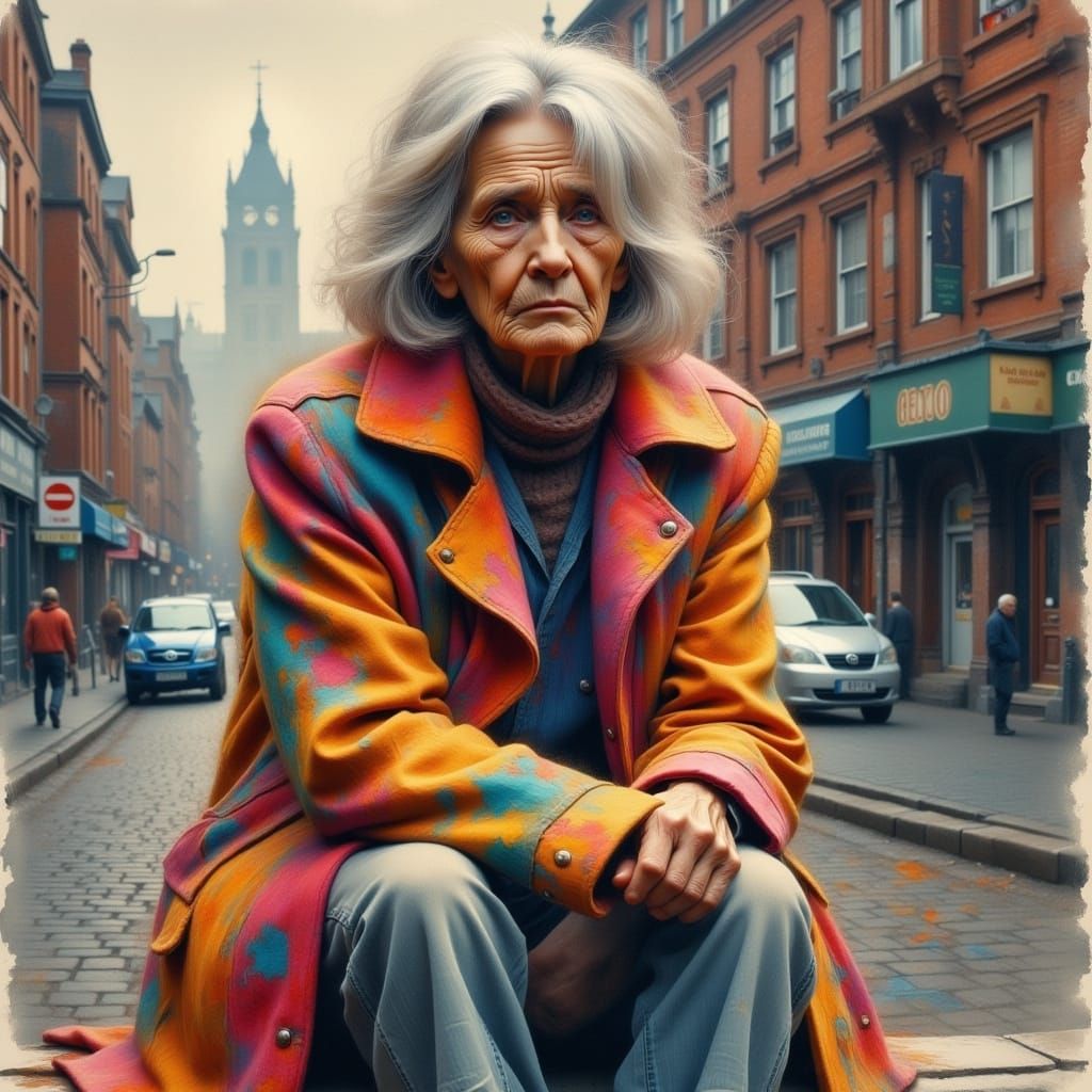 Homeless Woman in Vibrant, Tattered Coat, Urban Backdrop