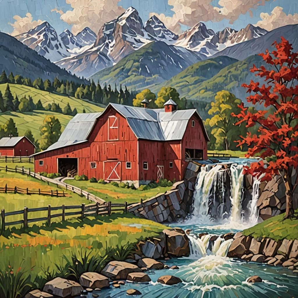Create a picture of a large red barn with a water fall an mo...
