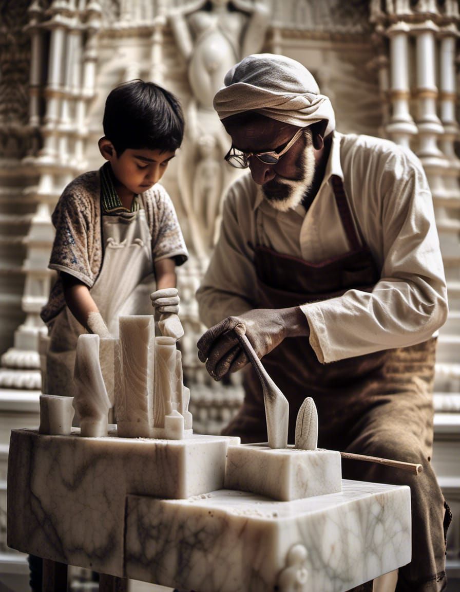 Sculptor and Apprentice Crafting Marble Statue