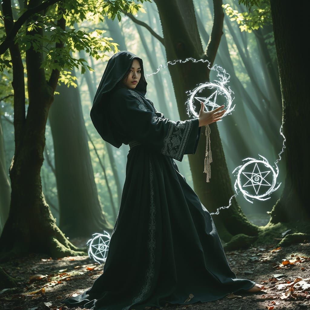 Enigmatic Shadowmancer Weaves Magic in Moonlit Forest Glade