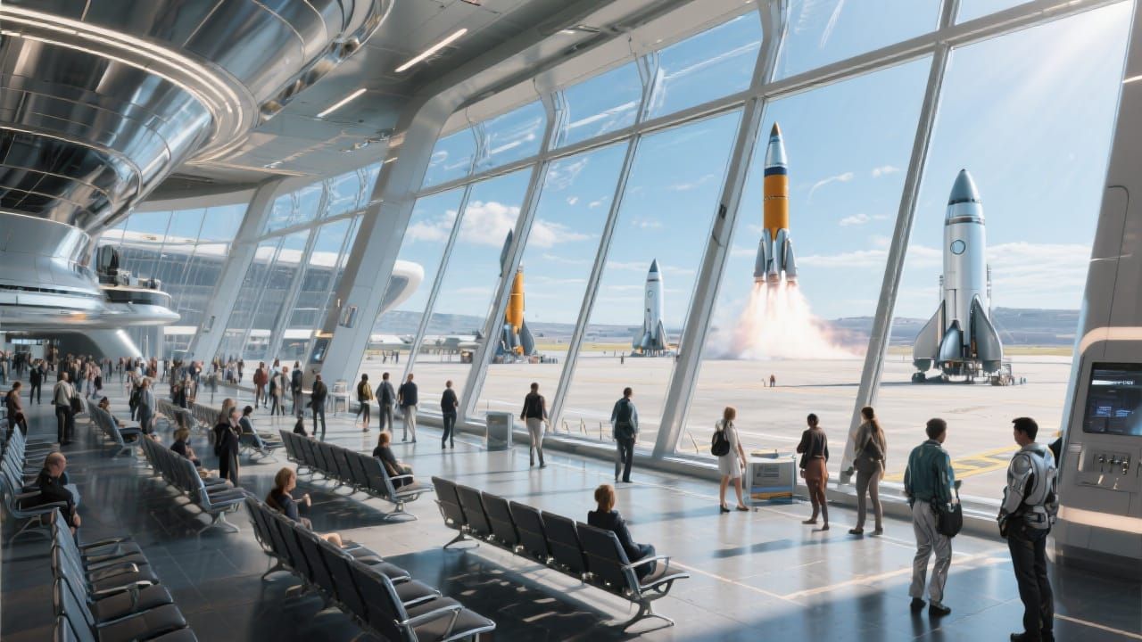 Retrofuture Spaceport Passenger Terminal on a Sunny Day