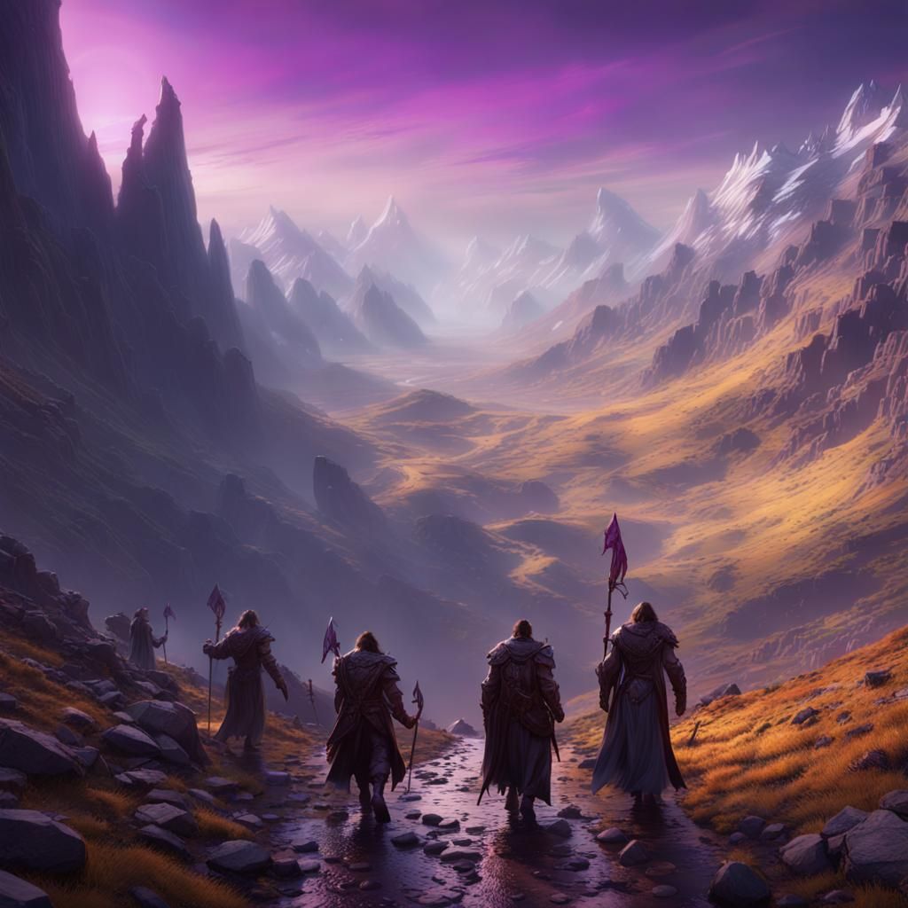 Epic Mountain Pass Party in Dark Fantasy Style