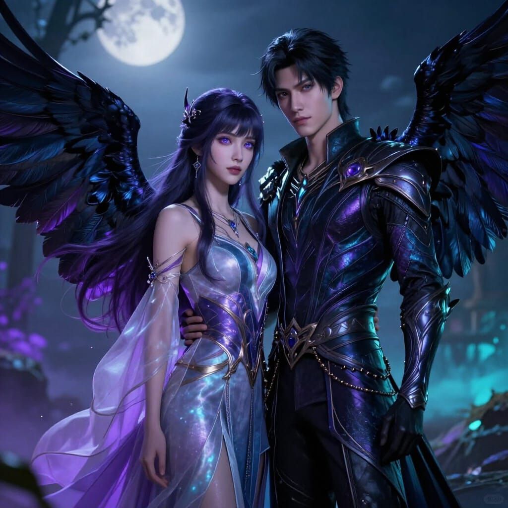 Couple with Raven Wings and Heterochromia Eyes