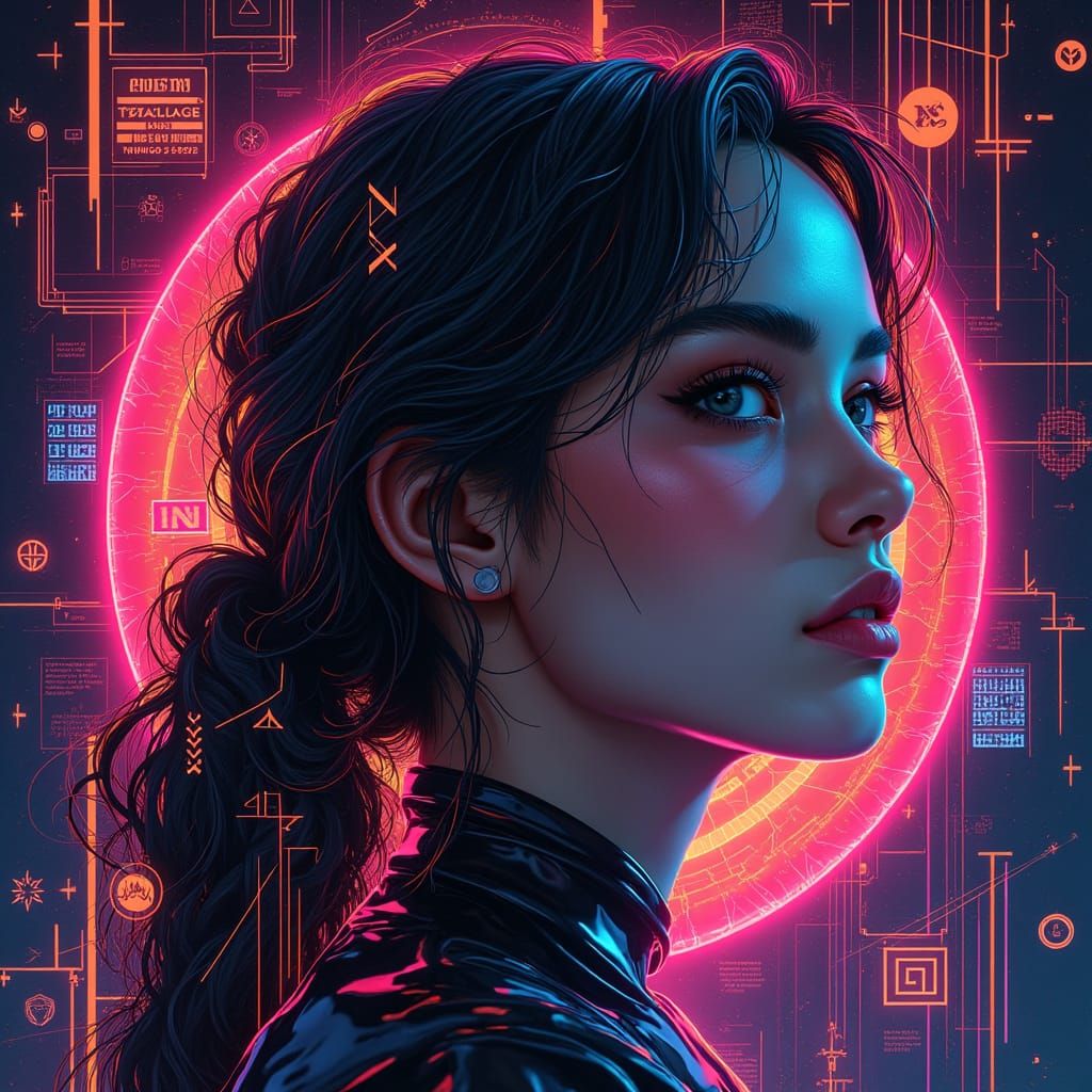 Woman's Portrait with Neon Lighting and Geometric Shapes