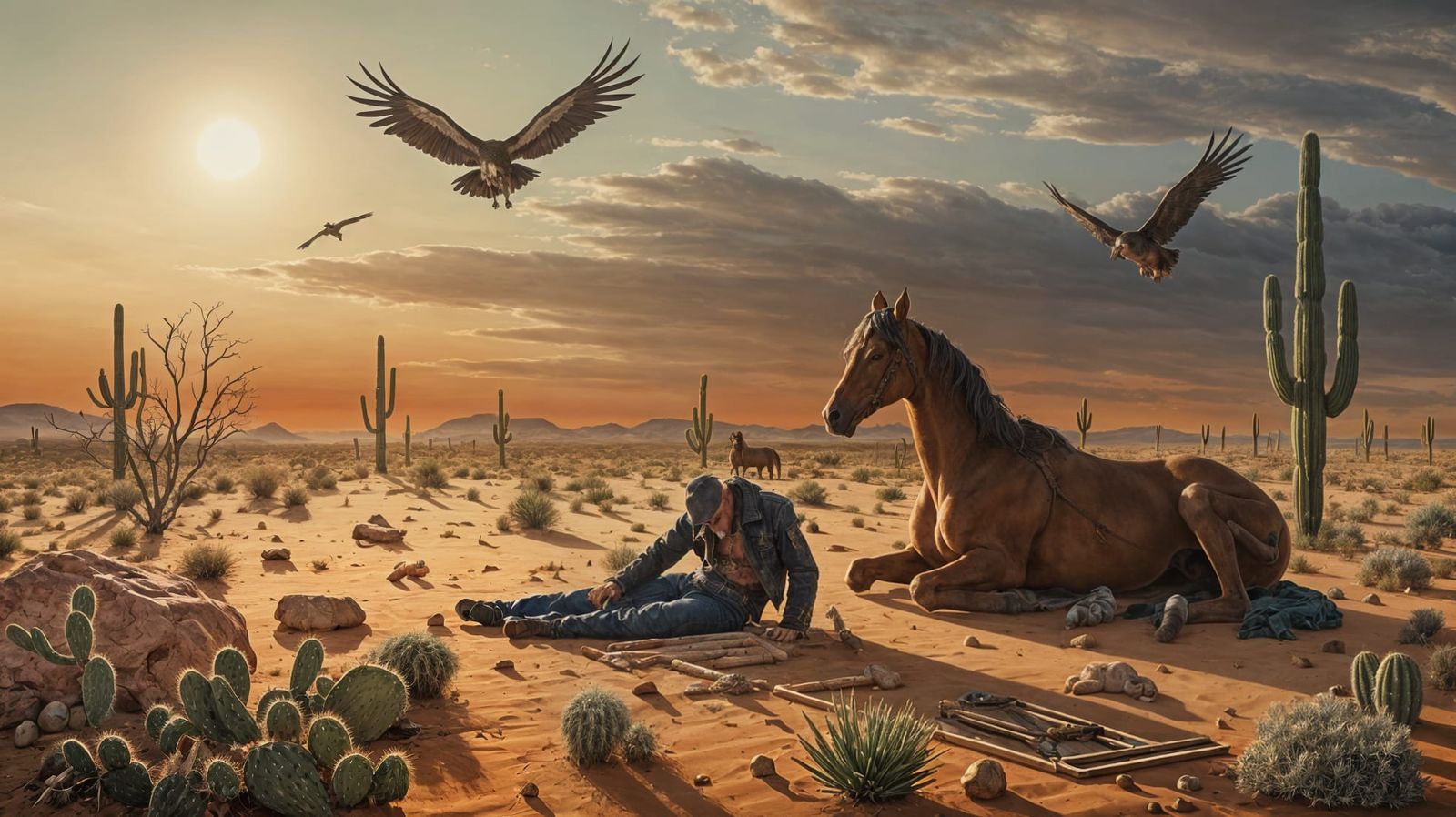 Baroque Desert Scene with Fallen Cowboy and Vultures