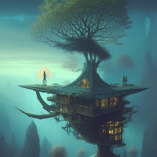 Surreal Floating Treehouse with Gravitational Anomaly