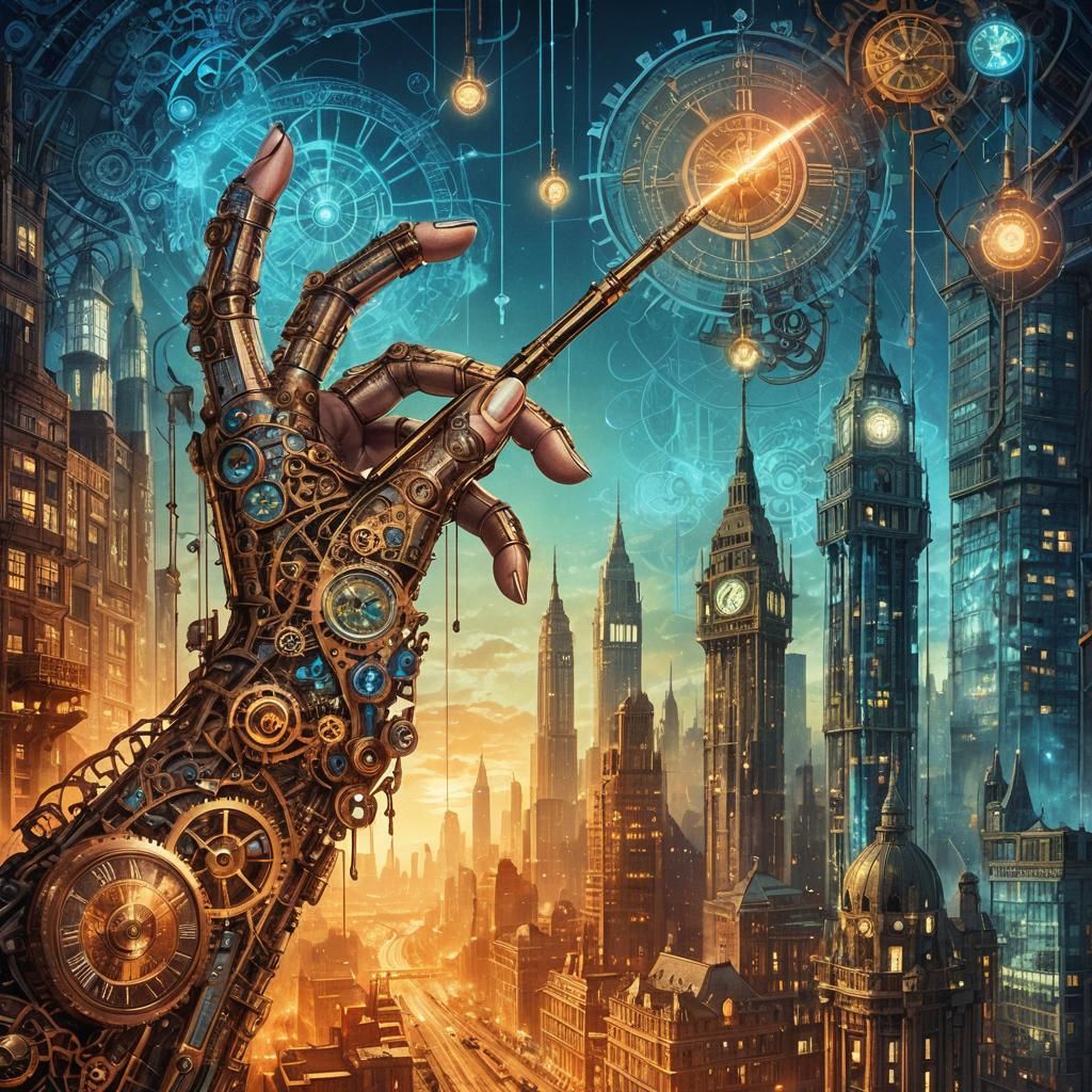 photorealistic Hand of  The Steampunk Fairy  Godmother clock...